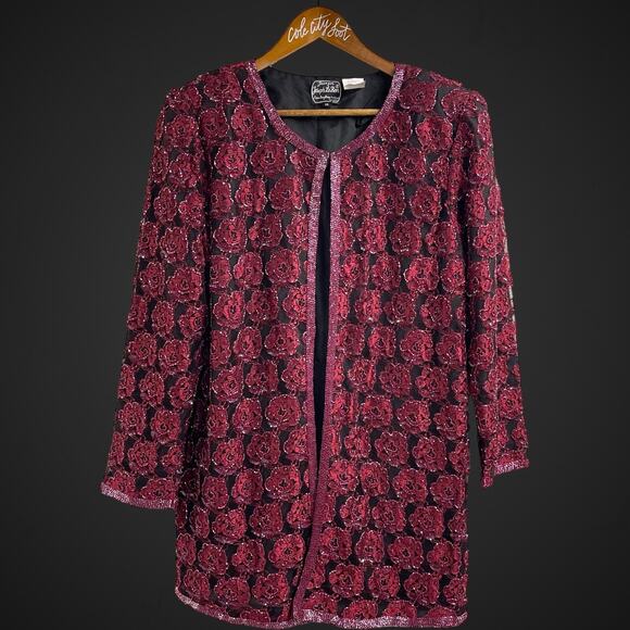 Jean for Joseph LeBon Rosette Beaded Jacket Floral Sequin Black Maroon Vintage M - Picture 1 of 9